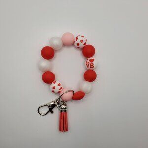 Handmade  Silicone Bead Bracelet Keychain – Red, Pink & White with LO